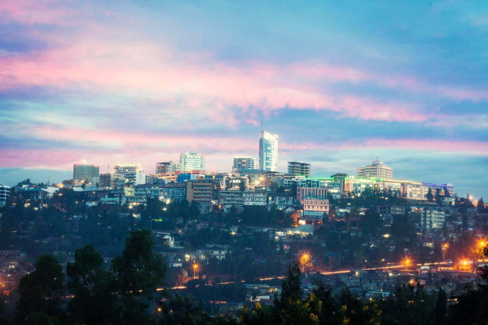 Kigali skyline Rwanda with modern city buildings and hills